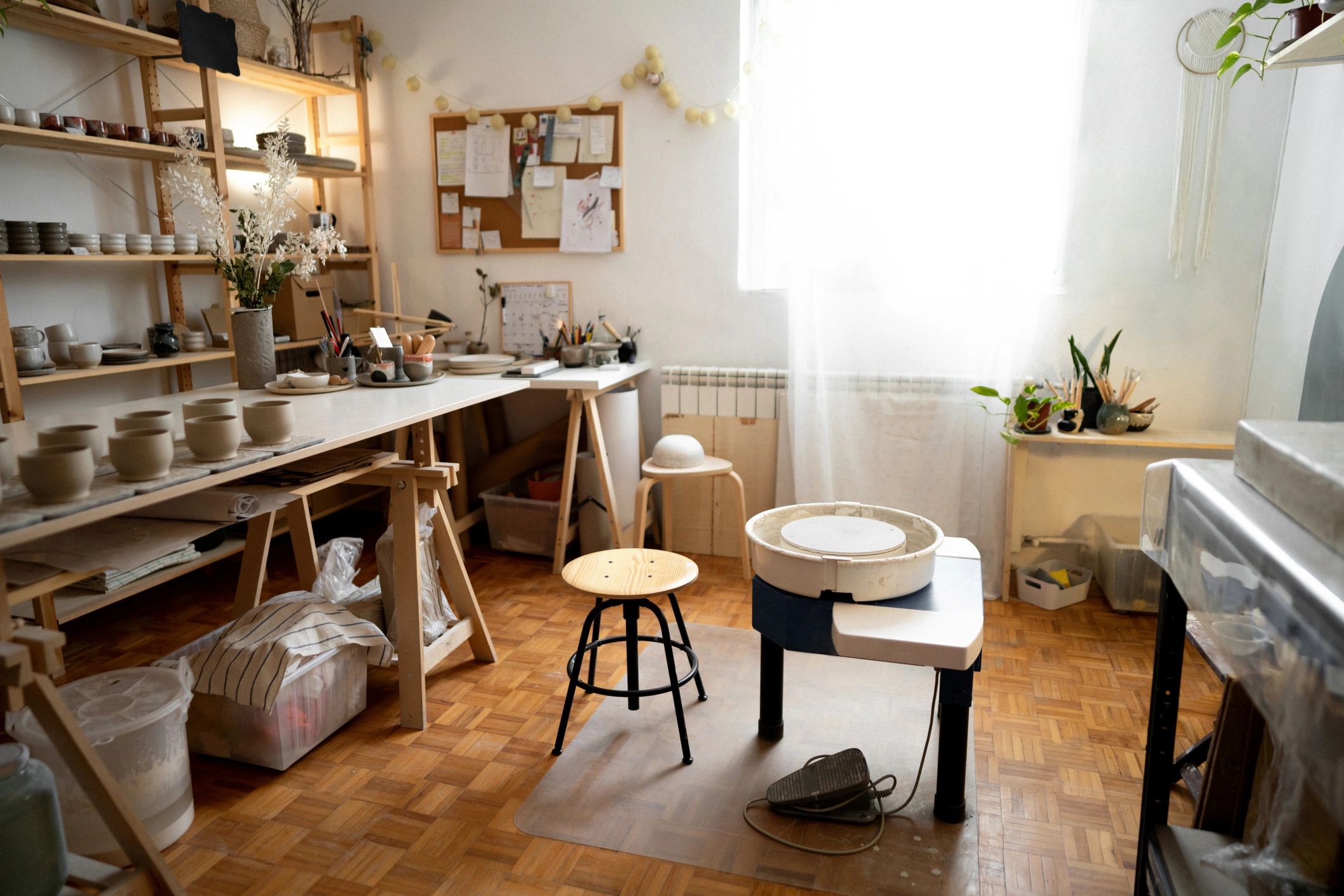 Workshop setting representing handmade event decor creation